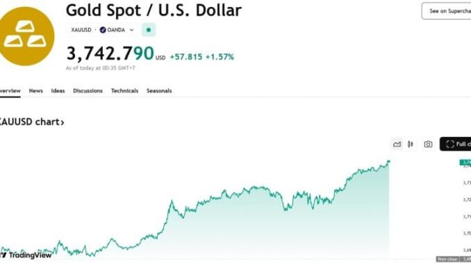 Spot gold climbs above $3,740/oz