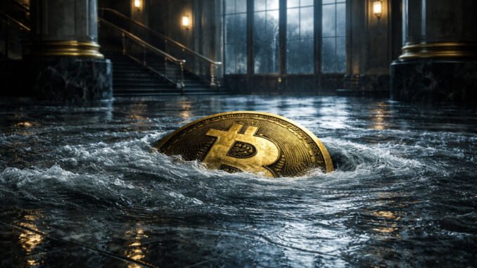 Bitcoin coin sinking in floodwater inside a grand bank hall, symbolizing price dropping below $70,000 after Fed inflation surge and ECB forecast shock