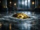 Bitcoin coin sinking in floodwater inside a grand bank hall, symbolizing price dropping below $70,000 after Fed inflation surge and ECB forecast shock