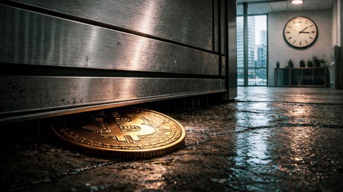 Bitcoin coin pinned beneath a closing metal door in a wet office corridor as a wall clock emphasizes the final minutes before a major options expiry