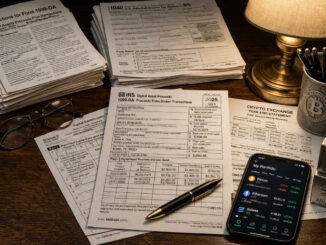 IRS Form 1099-DA beside crypto account records and a phone portfolio app, showing how 2025 coin swaps and sales can still be reported for tax filing