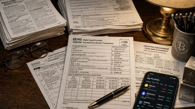 IRS Form 1099-DA beside crypto account records and a phone portfolio app, showing how 2025 coin swaps and sales can still be reported for tax filing