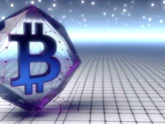 Quantum-resistant Bitcoin structure with crystalline geometry and encryption pathways in blue and magenta