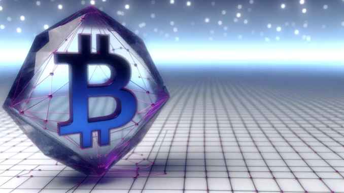 Quantum-resistant Bitcoin structure with crystalline geometry and encryption pathways in blue and magenta