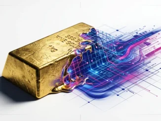 Gold ingot transitioning into blue-magenta digital grid, symbolizing market shift from precious metals to crypto assets