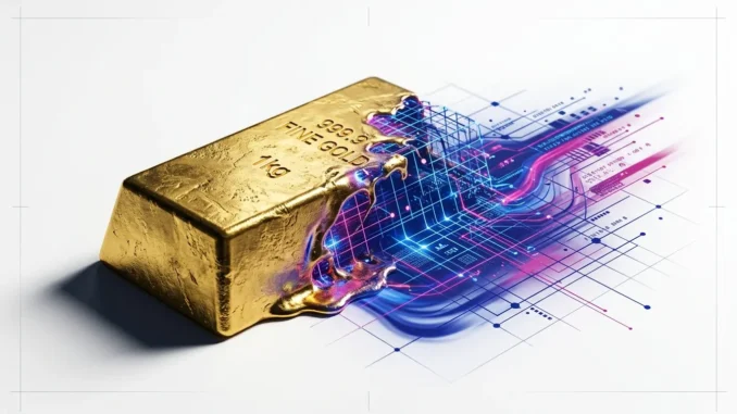 Gold ingot transitioning into blue-magenta digital grid, symbolizing market shift from precious metals to crypto assets