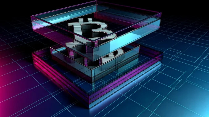 Unified Bitcoin financial platform architecture with magenta and blue lighting on geometric grid background