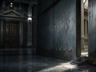 Smartphone propping open a heavy government-style door in a grand hall, symbolizing the SEC creating a narrow path for on-chain securities apps without waiting for Congress