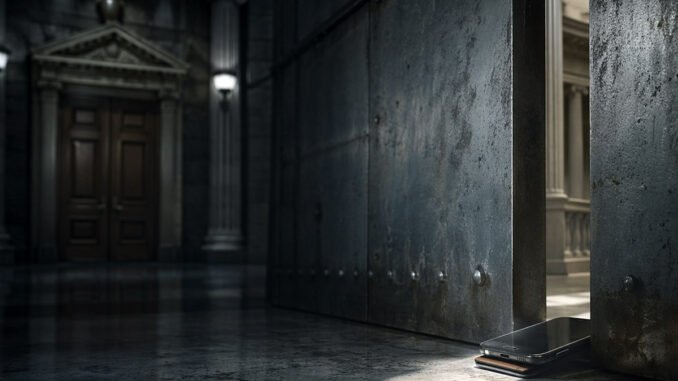 Smartphone propping open a heavy government-style door in a grand hall, symbolizing the SEC creating a narrow path for on-chain securities apps without waiting for Congress