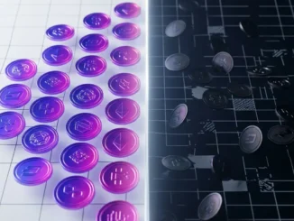 Split cryptocurrency liquidity pools showing regulatory bifurcation with purple gradient lighting