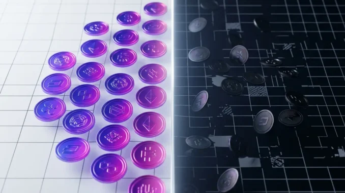 Split cryptocurrency liquidity pools showing regulatory bifurcation with purple gradient lighting