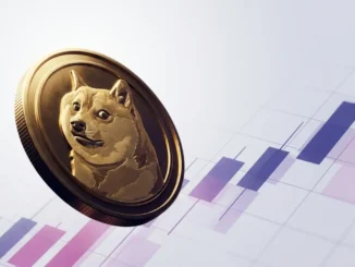 Dogecoin token with upward momentum against purple gradient grid background