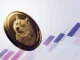 Dogecoin token with upward momentum against purple gradient grid background