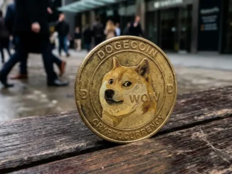 Dogecoin cryptocurrency coin declining against modern gradient background with grid structure
