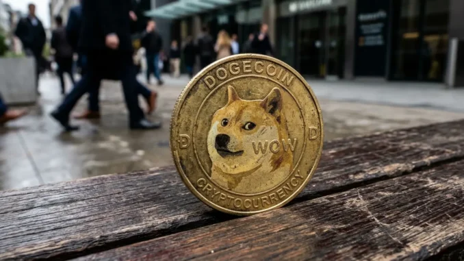 Dogecoin cryptocurrency coin declining against modern gradient background with grid structure