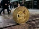 Dogecoin cryptocurrency coin declining against modern gradient background with grid structure