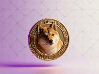 Dogecoin cryptocurrency falling at downward angle with magenta gradient lighting and tech grid background
