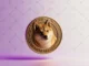 Dogecoin cryptocurrency falling at downward angle with magenta gradient lighting and tech grid background
