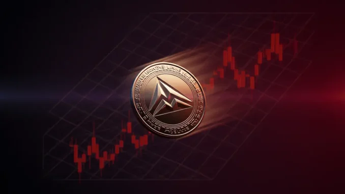 Avalanche AVAX coin falling through purple-magenta gradient with stock chart background