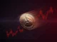 Avalanche AVAX coin falling through purple-magenta gradient with stock chart background
