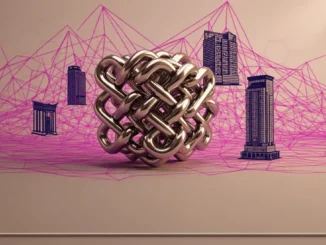 Chainlink cube logo surrounded by banking network connections and flat price chart line