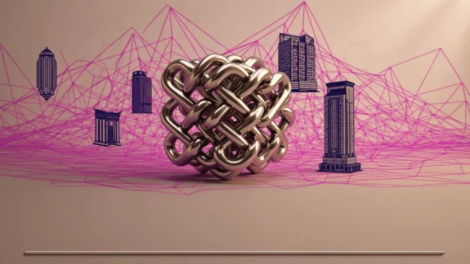 Chainlink cube logo surrounded by banking network connections and flat price chart line