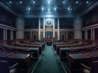 US Senate chamber interior with purple-magenta digital grid overlay representing crypto legislation debate