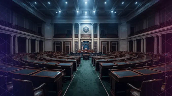 US Senate chamber interior with purple-magenta digital grid overlay representing crypto legislation debate