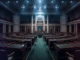 US Senate chamber interior with purple-magenta digital grid overlay representing crypto legislation debate