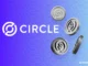 Circle cryptocurrency logo with stylized dollar coins on a blue gradient background.