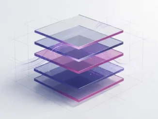 Abstract layered financial infrastructure stack with purple gradient accents on white background