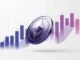 Ethereum coin ascending with purple gradient chart background showing upward price momentum