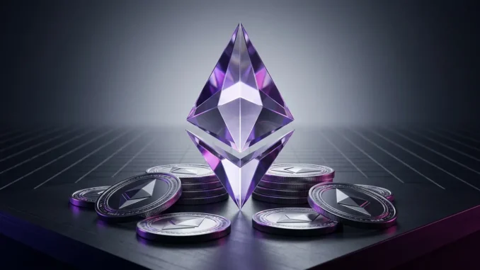 Ethereum assets arranged on a digital grid to represent Bitmine nearing its 5% supply target