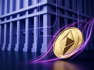 Faceted gold crypto token rising against magenta market momentum and a cool blue macroeconomic resistance wall