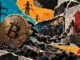 Bitcoin is chained to a heavy rising block beside mining rigs and power pylons, symbolizing tighter margins after a difficulty increase.