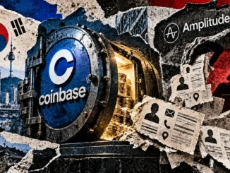 Editorial collage depicting a Coinbase vault containing cryptocurrency beside exposed customer contact records, Amplitude branding and Seoul imagery.