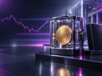 Bitcoin secured as collateral in a modern bank vault, representing institutional crypto lending and market risk.