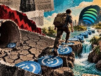A depositor crosses oversized USDC stepping stones from depleted terrain toward renewed Jupiter Lend liquidity.