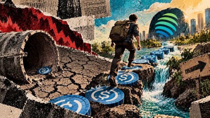 A depositor crosses oversized USDC stepping stones from depleted terrain toward renewed Jupiter Lend liquidity.