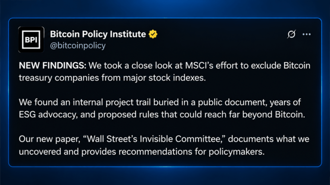 MSCI Rule Puts Strategy at Risk, Says Bitcoin Policy Institute Paper