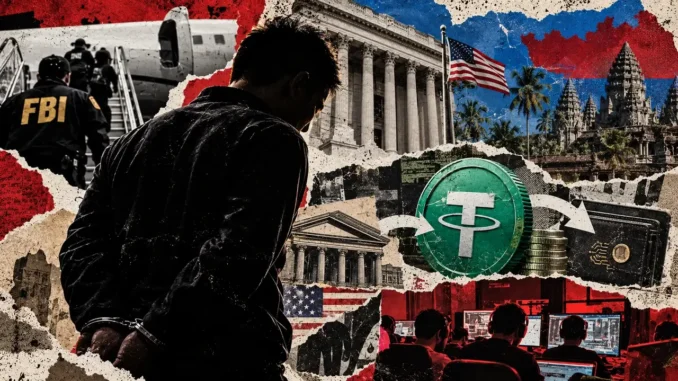 Editorial collage showing a backlit man, aircraft, federal courthouse, law enforcement, USDT symbol, and Cambodian architecture.