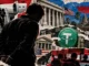 Editorial collage showing a backlit man, aircraft, federal courthouse, law enforcement, USDT symbol, and Cambodian architecture.